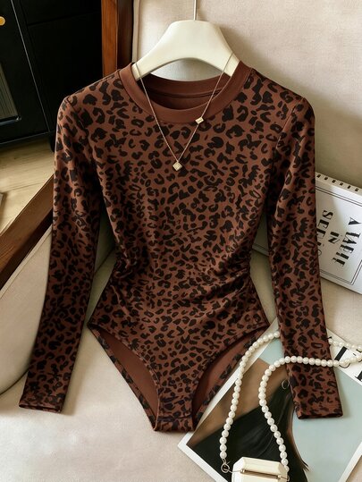SHEIN Franclia Elegant Round Neck Long Sleeve Leopard Print Bodysuit Back To School Outfit Autumn/Winter Casual Wear Commute Outfit Women's Bodysuit Party Outfit Women's Beach Wear Bodysuit