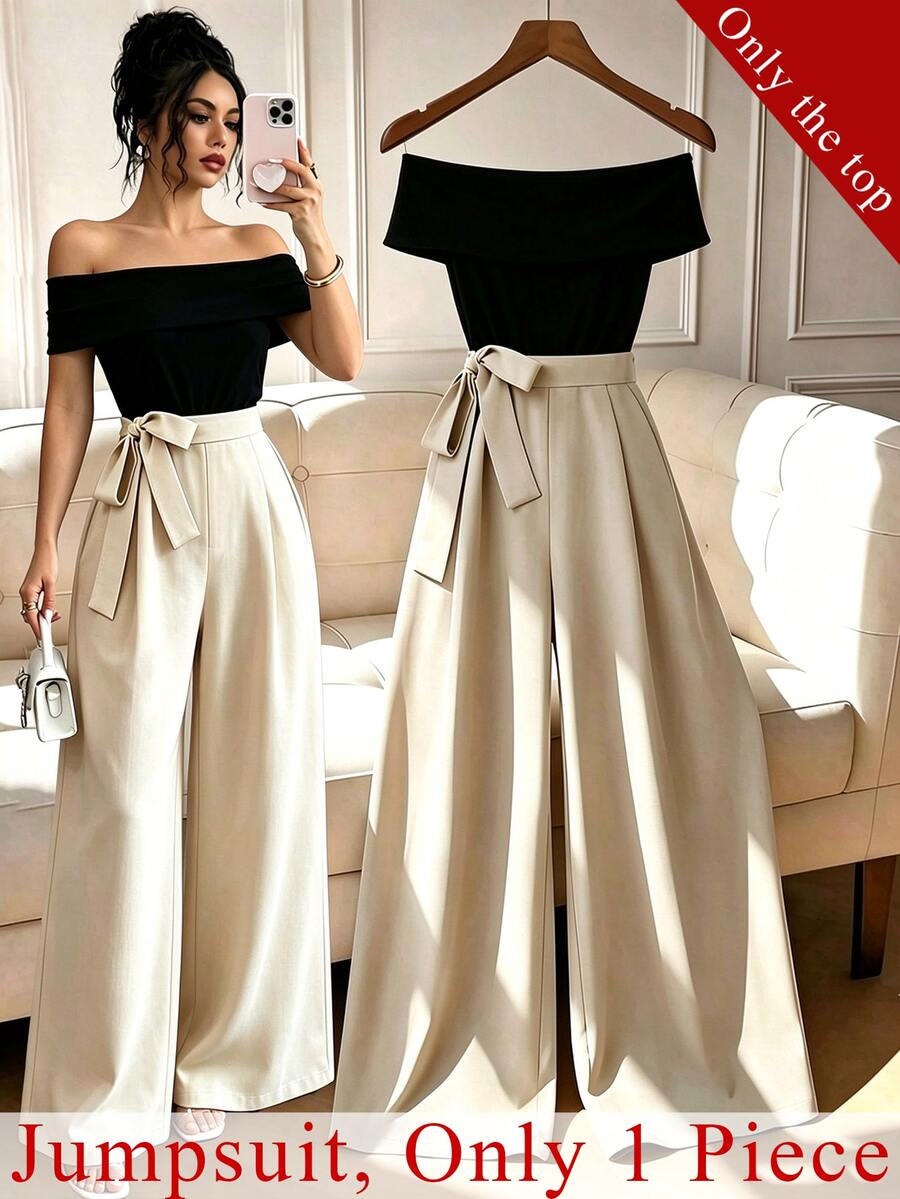 GlowEve CURVE Plus Size Women Elegant Casual Commute Party Jumpsuit, Cold Shoulder Bowknot Strap Design,Jumpsuit, Only Jumpsuit Included - Apricot - View 1