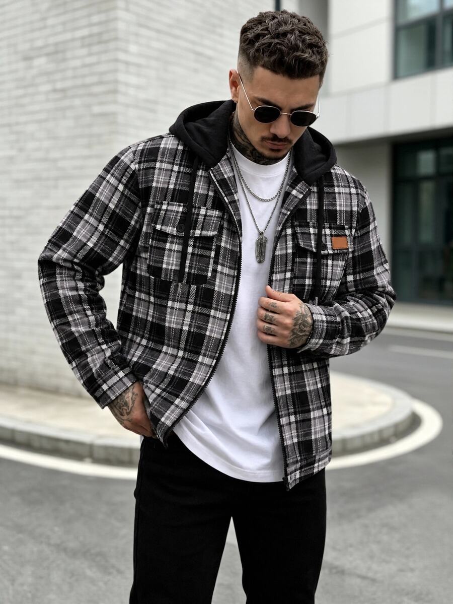Manfinity Homme Men's Casual Wool Blend Jacket, Plaid Fabric, Hooded Wool Blend Jacket, Suitable For Daily Commute Wear, Also An Ideal Gift For Boyfriend And Husband - Black - View 1