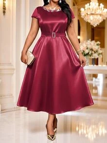 Fleurora Plus Size Women Solid Color Dress And Cardigan Casual Romantic Elegant 2 Pieces Set Christmas Formal Wedding Burgundy Fall Christmas - Burgundy - View 2