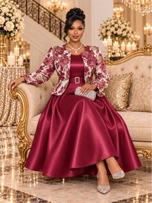 Fleurora Plus Size Women Solid Color Dress And Cardigan Casual Romantic Elegant 2 Pieces Set Christmas Formal Wedding Burgundy Fall Christmas - Burgundy - View 1