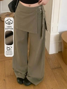 Dazy Plus Solid Color P-Curtain Decorative Tie-Up Korean Style Casual Girl All-Season Long Pants Fall - Army Green - View 1