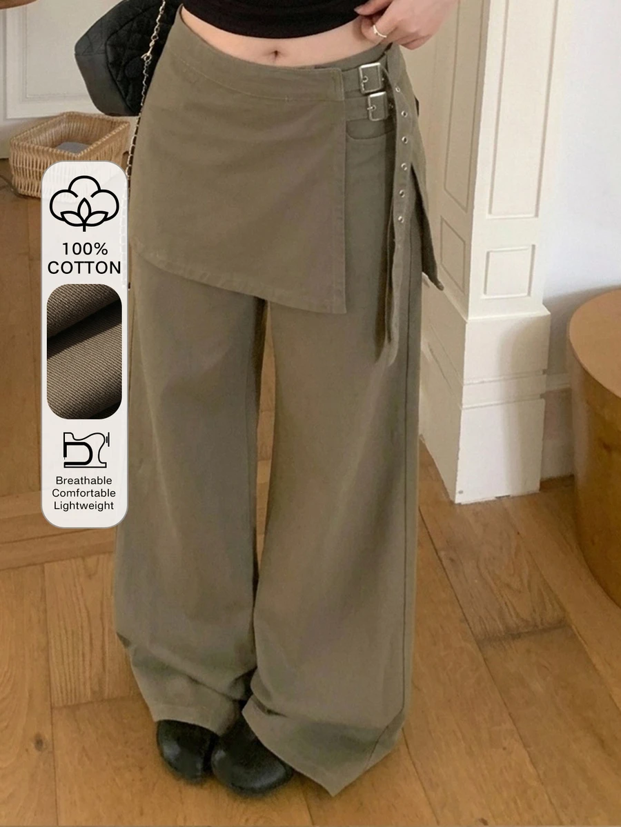 Dazy Plus Solid Color P-Curtain Decorative Tie-Up Korean Style Casual Girl All-Season Long Pants Fall - Army Green - View 1