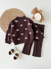 SHEIN 2pcs Baby Girl Cute Polka Dot Long Sleeve Sweater & Elastic Waist Pants Set, Casual Autumn/Winter Fall - Brown - View 2