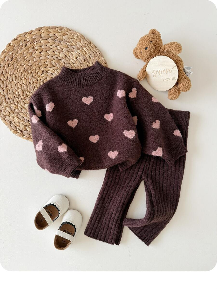 SHEIN 2pcs Baby Girl Cute Polka Dot Long Sleeve Sweater & Elastic Waist Pants Set, Casual Autumn/Winter Fall - Brown - View 1