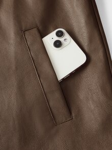 SWAVVY Chaqueta de manga larga de cuero PU de unicolor con cremallera, casual y versátil para uso diario y viajes para hombres - Marrón - Ver 5