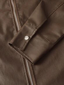 SWAVVY Chaqueta de manga larga de cuero PU de unicolor con cremallera, casual y versátil para uso diario y viajes para hombres - Marrón - Ver 7