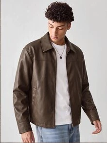 SWAVVY Chaqueta de manga larga de cuero PU de unicolor con cremallera, casual y versátil para uso diario y viajes para hombres - Marrón - Ver 2