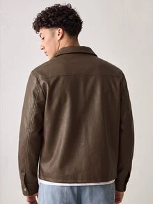 SWAVVY Chaqueta de manga larga de cuero PU de unicolor con cremallera, casual y versátil para uso diario y viajes para hombres - Marrón - Ver 3