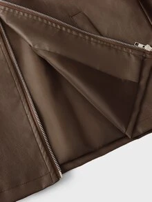 SWAVVY Chaqueta de manga larga de cuero PU de unicolor con cremallera, casual y versátil para uso diario y viajes para hombres - Marrón - Ver 8