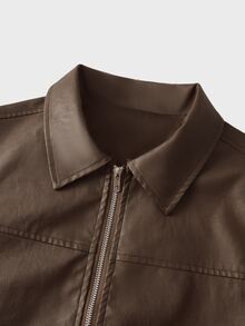 SWAVVY Chaqueta de manga larga de cuero PU de unicolor con cremallera, casual y versátil para uso diario y viajes para hombres - Marrón - Ver 6