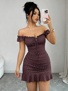 Elenzga Women's Polka Dot Pleated Dress, Fashionable For Dates And Parties - Brown - View 8