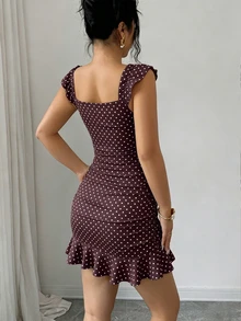 Elenzga Women's Polka Dot Pleated Dress, Fashionable For Dates And Parties - Brown - View 2