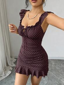 Elenzga Women's Polka Dot Pleated Dress, Fashionable For Dates And Parties - Brown - View 7