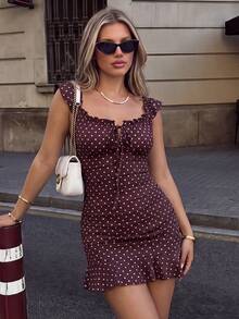 Elenzga Women's Polka Dot Pleated Dress, Fashionable For Dates And Parties - Brown - View 1