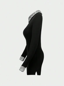 INAWLY Chic Black Sequin Collar Mini Bodycon Dress For Women Long Raglan Sleeve Knitted Pencil Dress - Black - View 4