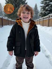 SHEIN A Comfortable Jacket For Boys, Featuring A Black Main Body With A Brown Plush Lining, Simple And Casual, Ideal For Winter Outdoor Activities. - Black - View 4