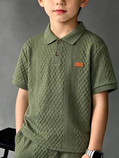 1pc Boys' Casual Minimalist Textured Polo Shirt, Jacquard Fabric, Snug Fit Fit, PU Embellishment, New Summer Style, Suitable For Multiple Occasions And Seasons