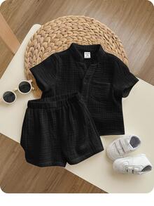 2pcs Baby Solid Color Round Neck Short Sleeve Cardigan Top And Elastic Waist Shorts Set, For Baby Boy Or Baby Girl,Kids - Black - View 1