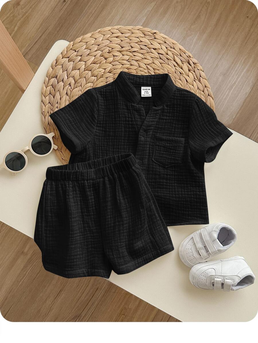 2pcs Baby Solid Color Round Neck Short Sleeve Cardigan Top And Elastic Waist Shorts Set, For Baby Boy Or Baby Girl,Kids - Black - View 1
