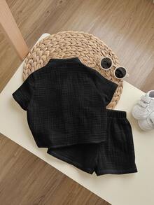 2pcs Baby Solid Color Round Neck Short Sleeve Cardigan Top And Elastic Waist Shorts Set, For Baby Boy Or Baby Girl,Kids - Black - View 2