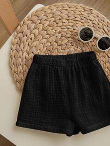 2pcs Baby Solid Color Round Neck Short Sleeve Cardigan Top And Elastic Waist Shorts Set, For Baby Boy Or Baby Girl,Kids - Black - View 4