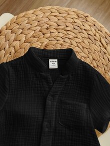2pcs Baby Solid Color Round Neck Short Sleeve Cardigan Top And Elastic Waist Shorts Set, For Baby Boy Or Baby Girl,Kids - Black - View 3