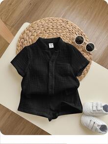 2pcs Baby Solid Color Round Neck Short Sleeve Cardigan Top And Elastic Waist Shorts Set, For Baby Boy Or Baby Girl,Kids - Black - View 5