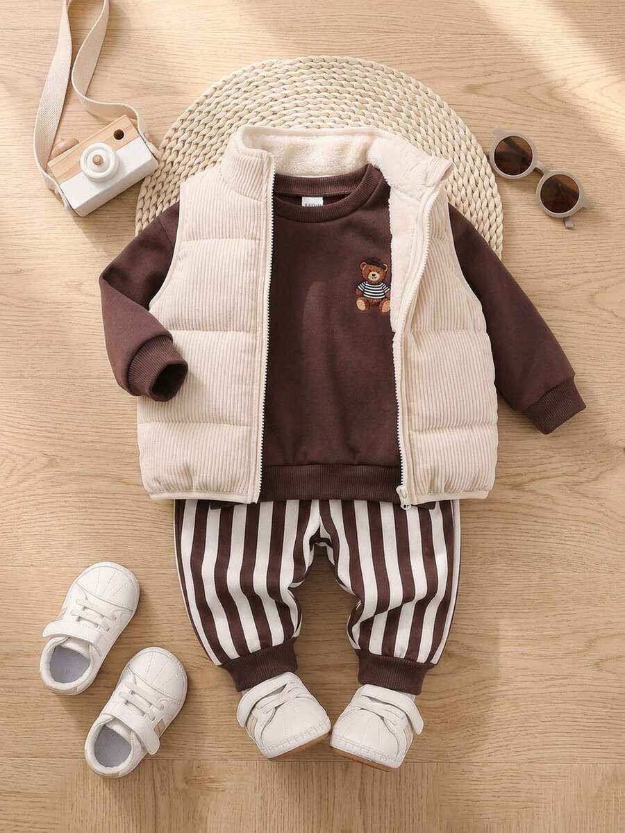 Baby Boy 3pcs Puffer Vest & Bear Embroidery Brown Sweatshirt & Striped Pants Set Thermal Lined Thick Warm Classic Outfit For Fall Winter - Multicolor - View 1