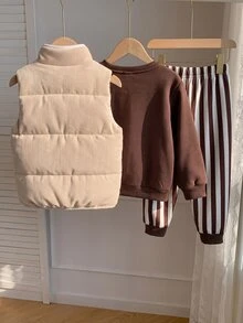 男嬰 3 件套 蓬鬆背心、熊刺繡棕色運動衫與條紋長褲套裝，保暖內裡加厚保暖經典秋冬套裝 - 彩色 - 查看 2
