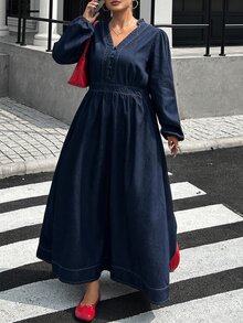 Dazy Plus Lantern Sleeve Long Sleeve V-Neck Cinched Waist Casual Long Dark Wash Blue Denim Dress Spring Autumn New - Dark Wash - View 4