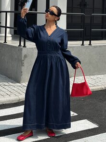 Dazy Plus Lantern Sleeve Long Sleeve V-Neck Cinched Waist Casual Long Dark Wash Blue Denim Dress Spring Autumn New - Dark Wash - View 5