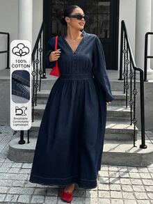 Dazy Plus Lantern Sleeve Long Sleeve V-Neck Cinched Waist Casual Long Dark Wash Blue Denim Dress Spring Autumn New - Dark Wash - View 1