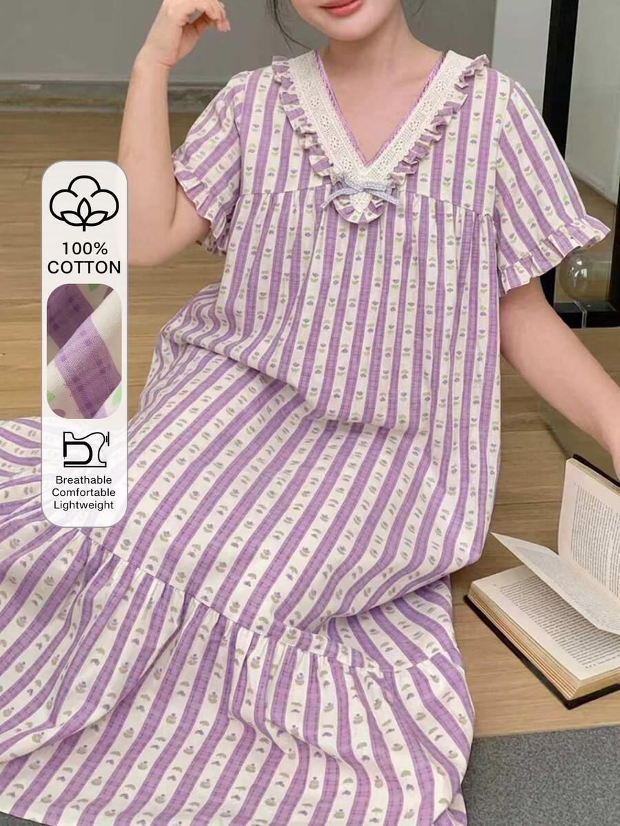 Dazy Plus Floral Pattern Contrast Lace Frill Trim Casual Loose Short Sleeve Plus Size Women's Nightgown, Spring/Summer Fall - Purple - View 1