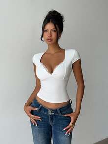 SHEIN Women's Solid Color Lace Patchwork T-Shirt Going Out Night Out White Summer Sexy Elegant - White - View 6