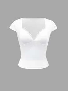 SHEIN Women's Solid Color Lace Patchwork T-Shirt Going Out Night Out White Summer Sexy Elegant - White - View 9