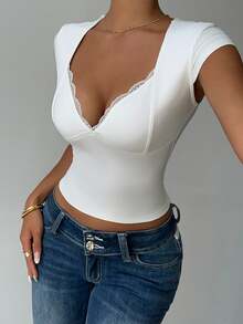 SHEIN Women's Solid Color Lace Patchwork T-Shirt Going Out Night Out White Summer Sexy Elegant - White - View 7