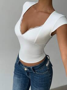 SHEIN Women's Solid Color Lace Patchwork T-Shirt Going Out Night Out White Summer Sexy Elegant - White - View 5