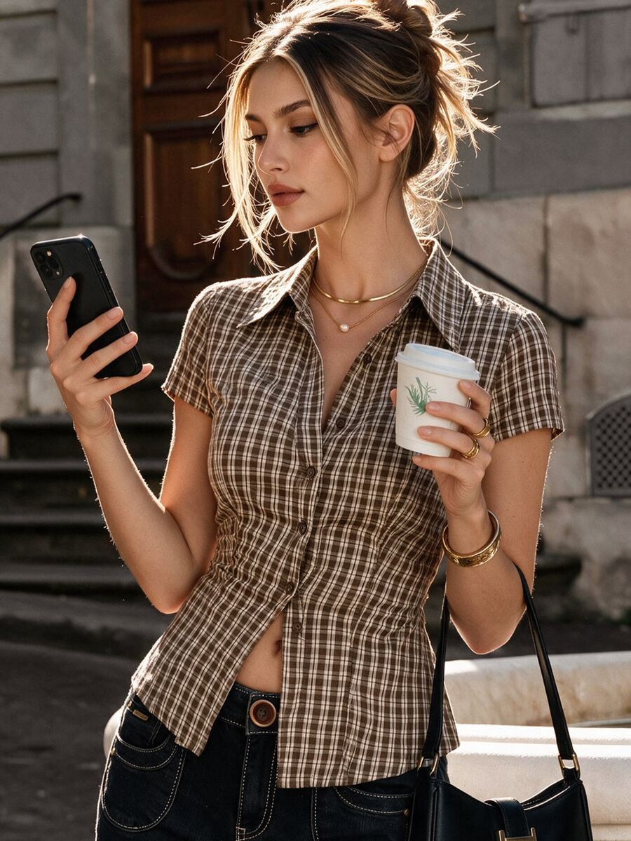 SHEIN Women's Plaid Single-Breasted Casual Versatile Daily Wear Short Sleeve Shirt - Coffee Brown - View 1