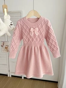 Girls' Pink Round Neck Pullover Long Sleeve A-Line Waist-Cinching Diamond Textured Bow Decor Sweater Dress, Soft Comfortable Fabric, Suitable For Outings, Parties, Casual Wear, Single Wear Or Layering, Multiple Occasions - Pink - View 6