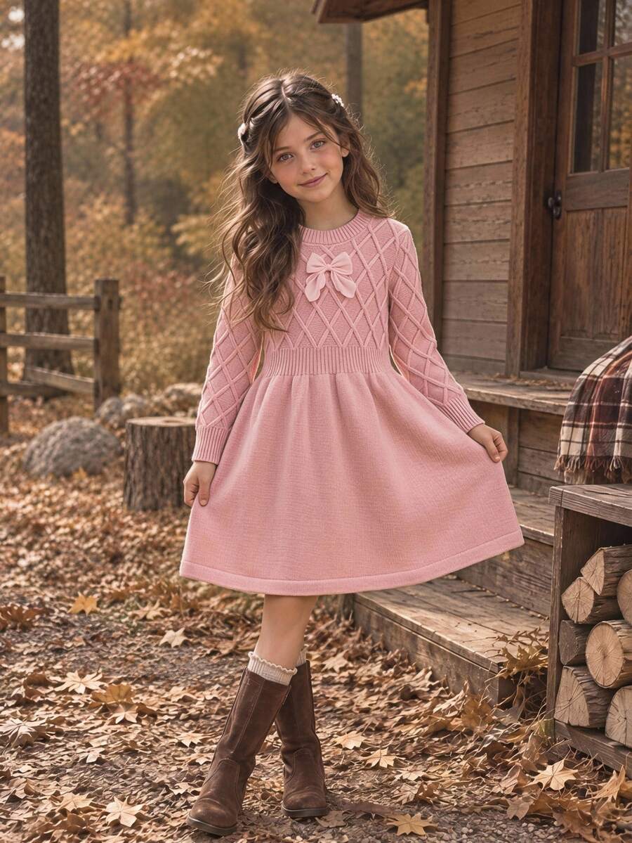 Girls' Pink Round Neck Pullover Long Sleeve A-Line Waist-Cinching Diamond Textured Bow Decor Sweater Dress, Soft Comfortable Fabric, Suitable For Outings, Parties, Casual Wear, Single Wear Or Layering, Multiple Occasions - Pink - View 1