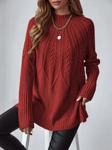 SHEIN LUNE Women's Solid Color Mock Neck Long Sleeve Casual Sweater, Long Sleeve Top Knit Pullover Fall Winter - Red - View 1