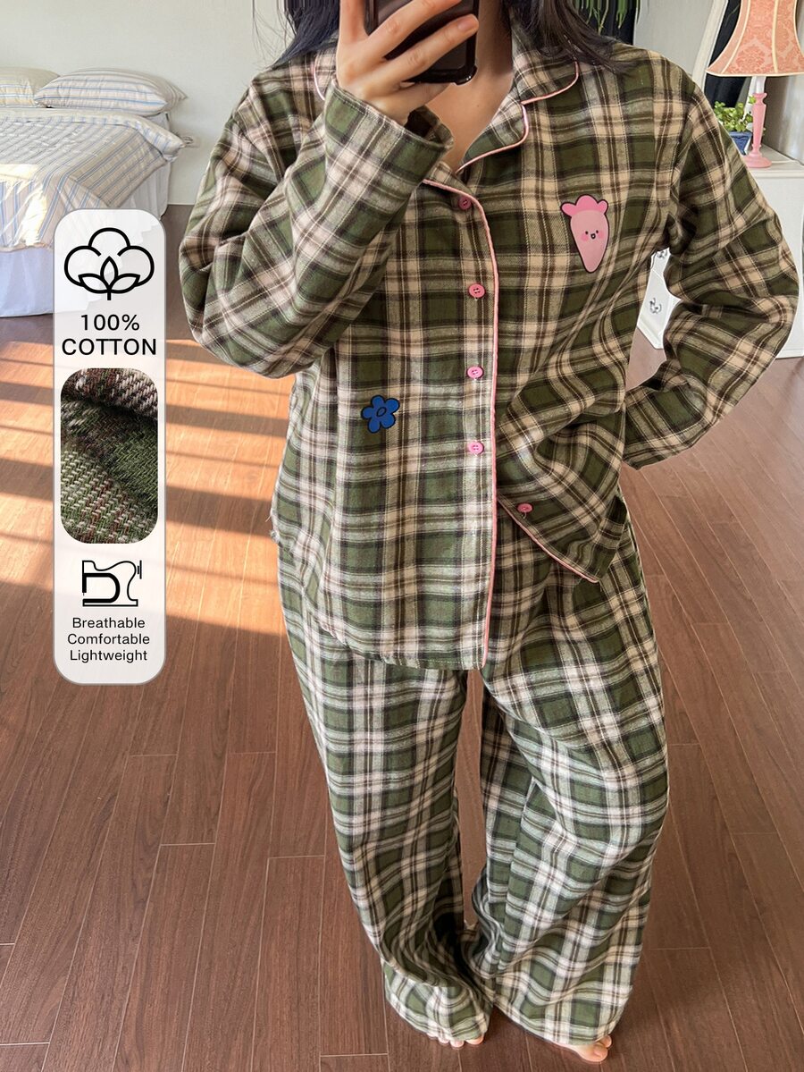 Dazy Plus Fashion Plaid Cartoon Print Loose Long Sleeve Top Pants 2pcs Set Loungewear Night Bridal Pajama Outfit Olive Green Fall Christmas - Olive Green - View 1
