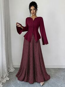 SHEIN Elenzya Women's Solid Color Long Sleeve Top And Polka Dot Skirt Casual 2 Pieces Set - Burgundy - View 5