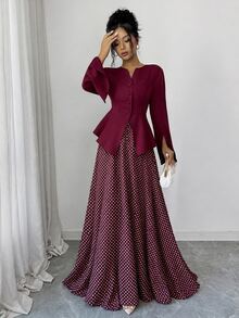 SHEIN Elenzya Women's Solid Color Long Sleeve Top And Polka Dot Skirt Casual 2 Pieces Set - Burgundy - View 7