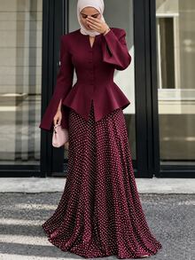 SHEIN Elenzya Women's Solid Color Long Sleeve Top And Polka Dot Skirt Casual 2 Pieces Set - Burgundy - View 4