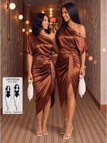 SOLERSUN Tall Women's All-Season Elegant Sexy Coffee Brown Satin Asymmetrical Shoulder Ruched Bodycon Midi Dress For Party Dinner Cocktail Gathering Summer - Brown - View 10