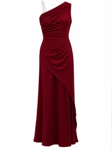 SHEIN Tween Girl Simple Asymmetrical Tween Girl Shoulder Elegant Casual Party Dress - Burgundy - View 5