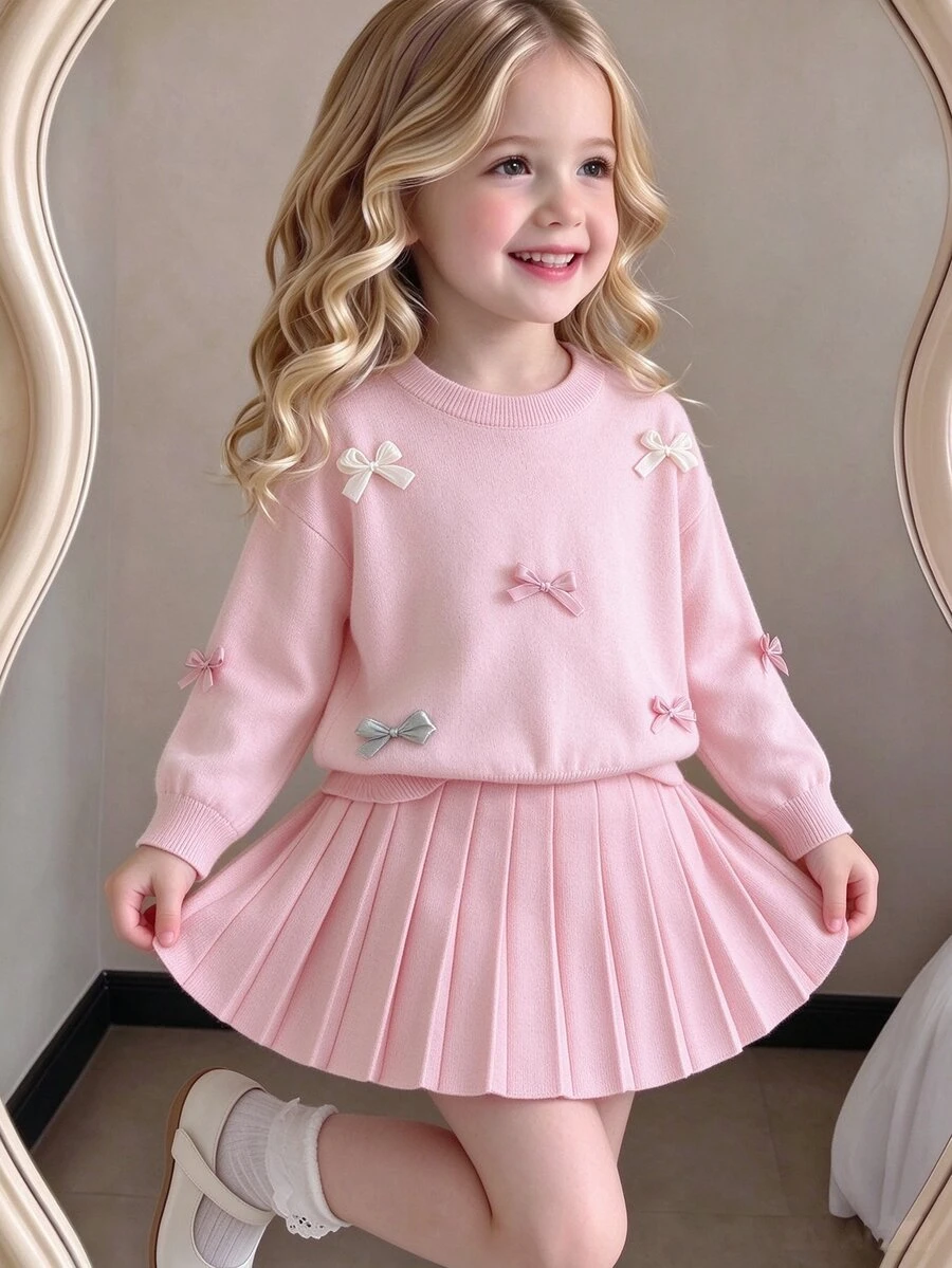 SHEIN Young Girl Pink Sweater Set, Handmade Organza Bow, Round Neck, Dropped Shoulder, Long Sleeve Pullover Sweater + Matching Pleated Skirt Winter - Pink - View 1