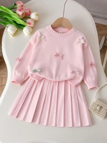 SHEIN Young Girl Pink Sweater Set, Handmade Organza Bow, Round Neck, Dropped Shoulder, Long Sleeve Pullover Sweater + Matching Pleated Skirt Winter - Pink - View 7
